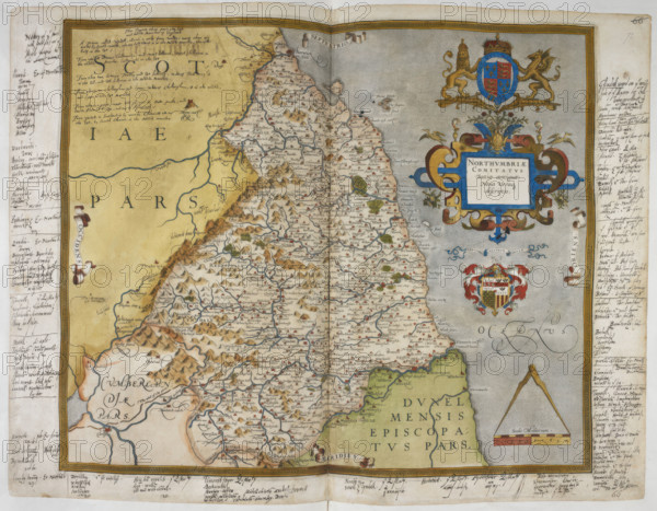 Engraved map of Northumberland, from drawings of Christopher Saxton, 1579. Dedicated to Queen Elizabeth I. With annotations in the hand of Lord Burghley. From Lord Burghley's Atlas.