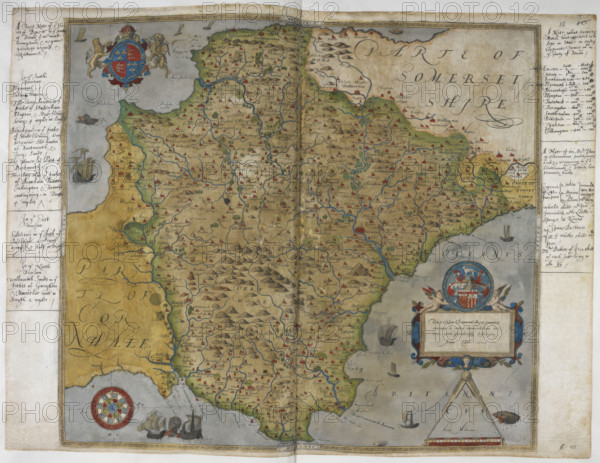 Printed map of Devon, dated 1575, with marginal notes by Lord Burghley relating to the defence of the county, 1579. From Lord Burghley's Atlas.