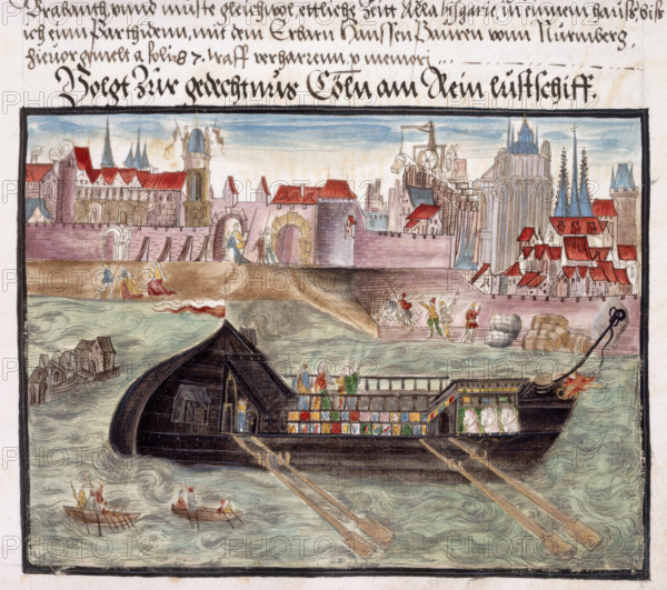 A pleasure boat on the River Rhine at Cologne, 1560-1632.. From Memoirs Biographical Notes and Poems etc of the Coeler Family of Nuremberg.