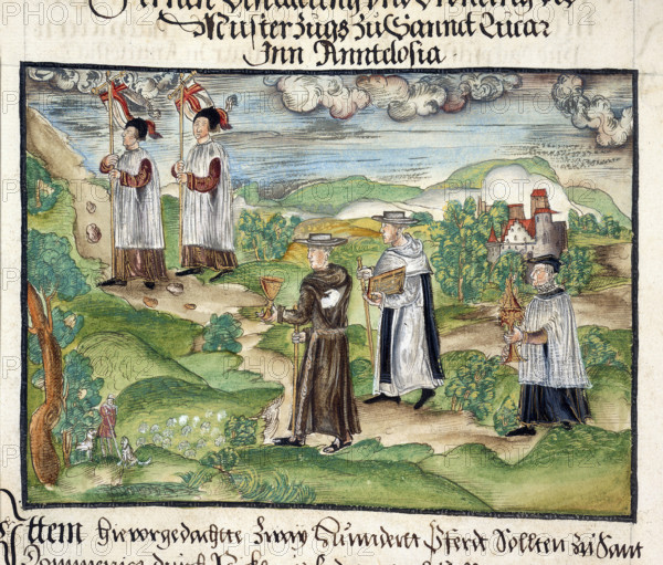 Priests and monks carrying banners, chalice, service books and monstrance; part of the preparations at Sanlucar in Andalucia for a proposed expedition to Venezuela, 1560-1632. From Memoirs Biographical Notes and Poems etc of the Coeler Family, of Nuremberg.