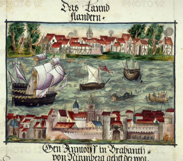 Representation of Jerome Coelers journey from Nuremberg to Antwerp, showing both towns with ships crossing a stretch of water between them, 1560-1632. From Memoirs Biographical Notes and Poems etc of the Coeler Family, of Nuremberg.