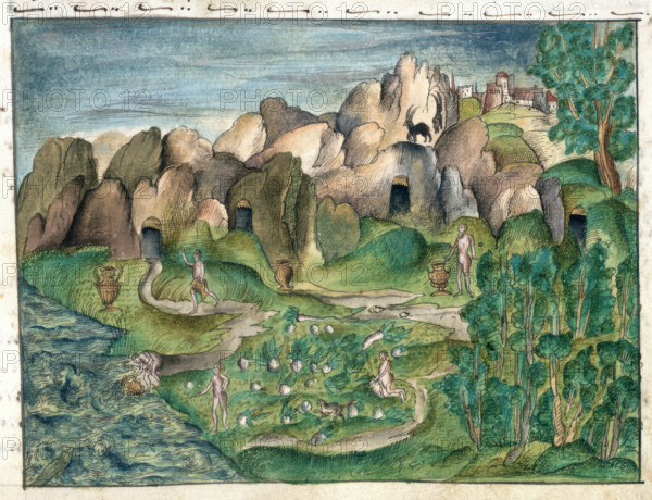 The natives of Venezuela, using gold vessels, cultivating maize and fishing, 1560-1632. From Memoirs Biographical Notes and Poems etc of the Coeler Family, of Nuremberg.