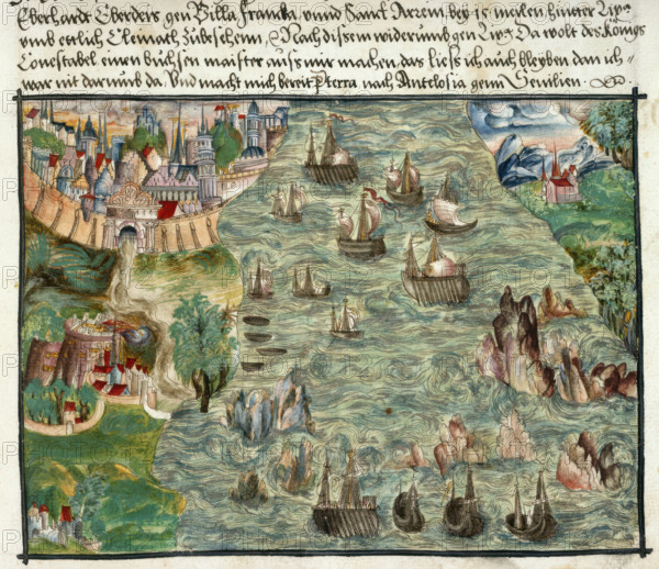 View of Lisbon, with ships tossed about in the treacherous waters of the inlet, 1560-1632. From Memoirs Biographical Notes and Poems etc of the Coeler Family, of Nuremberg.