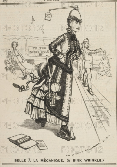 Belle à la mécanique. (A rink wrinkle), 1875. A cartoon showing a woman standing on a model train, with various mechanical instruments attached to her.. From Punch Or The London Charivari.