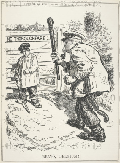Bravo, Belgium!, 1914. Political cartoon showing a Belgian farmer standing up to the German aggressor. From Punch Or The London Charivari.
