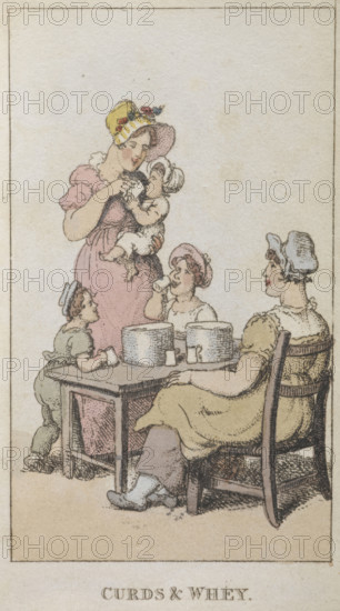 Curds & whey', 1820. A mother feeding her child.' . From Rowlandsons Characteristic Sketches Of The Lower Orders Intended As A Companion To The New Picture Of London Consisting Of Fifty Four Plates Coloured.
