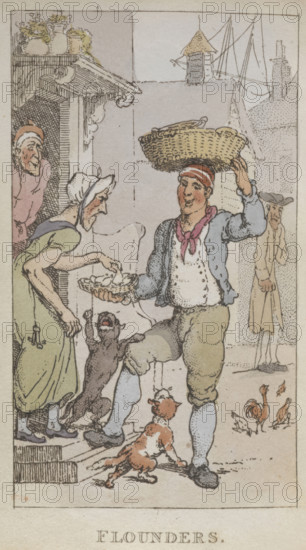 'Flounders'. A trader selling fish., 1820. From Rowlandsons Characteristic Sketches Of The Lower Orders Intended As A Companion To The New Picture Of London Consisting Of Fifty Four Plates Coloured.