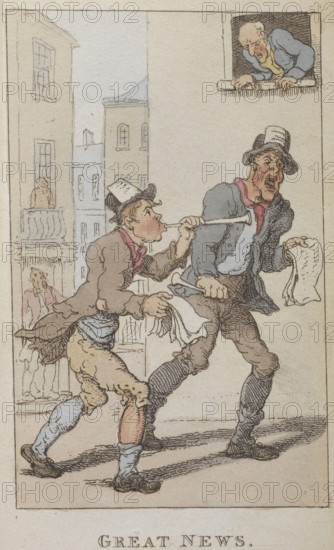 'Great news', 1820. Two men handing out news notices in the street. One blowing a small wind instrument. From Rowlandsons Characteristic Sketches Of The Lower Orders Intended As A Companion To The New Picture Of London Consisting Of Fifty Four Plates Coloured.