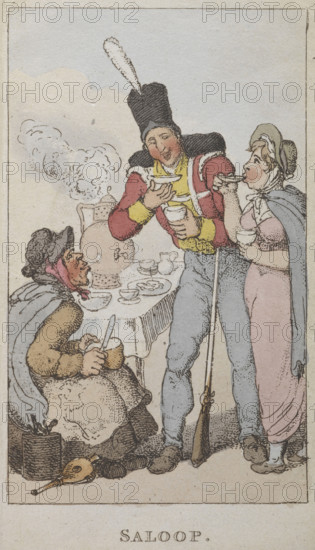 'Saloop', a popular beverage of the 18th century, 1820. Salop was served in coffee houses as an alternative to coffee or chocolate; and salop-vendors peddled the drink in the streets, or sold it from booths. In this picture a soldier is enjoying a cup. From Rowlandsons Characteristic Sketches Of The Lower Orders Intended As A Companion To The New Picture Of London Consisting Of Fifty Four Plates Coloured.