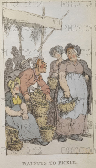 'Walnuts to pickle', 1820. Street traders selling pickled walnuts. From Rowlandsons Characteristic Sketches Of The Lower Orders Intended As A Companion To The New Picture Of London Consisting Of Fifty Four Plates Coloured.