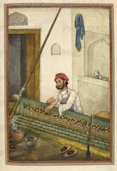 A screen-maker, possibly of the Dumna caste, 1825. From Tashrih Al Aqvam An Account Of Origins And Occupations Of Some Of The Sects Castes And Tribes Of India.