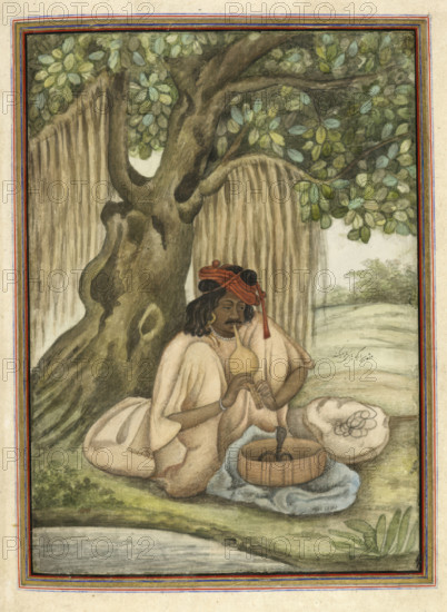 A snake-charmer of the Sapera caste, 1825. From Tashrih Al Aqvam An Account Of Origins And Occupations Of Some Of The Sects Castes And Tribes Of India.