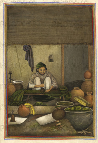 Chipi (or chimba), a cloth printer, printing green cloth with a red geometric design, 1825. From Tashrih Al Aqvam An Account Of Origins And Occupations Of Some Of The Sects Castes And Tribes Of India.