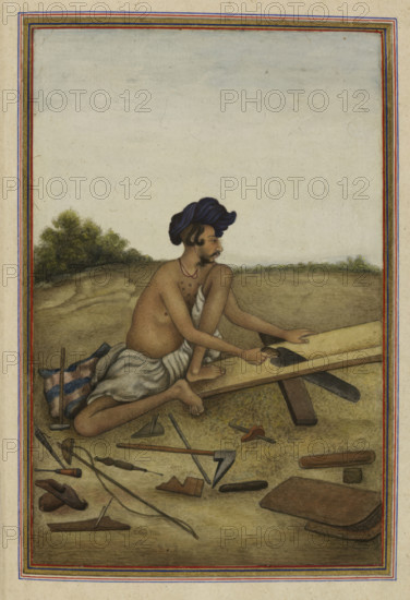 Khati or Tarkhan, carpenter caste of the Panjab - Man sawing a plank, 1825 . From Tashrih Al Aqvam An Account Of Origins And Occupations Of Some Of The Sects Castes And Tribes Of India.