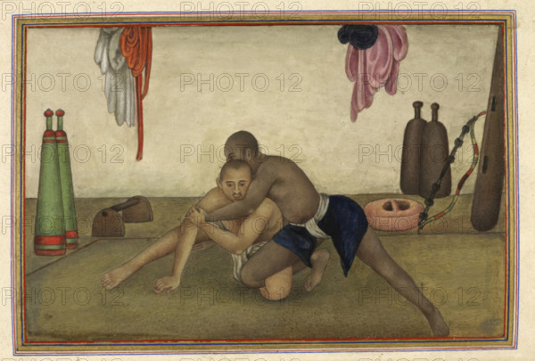 Two men wrestling, 1825. From Tashrih Al Aqvam An Account Of Origins And Occupations Of Some Of The Sects Castes And Tribes Of India.