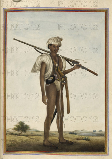 Warrior (Mevati), 1825. Mevati, a Kshatriya group who lived in the region south-west of Delhi and were warriors more usually termed Meos. From Tashrih Al Aqvam An Account Of Origins And Occupations Of Some Of The Sects Castes And Tribes Of India.