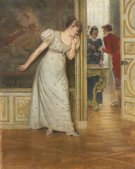 Courting, 1893. Young woman listening to a conversation, possibly between her suitor and her mother.