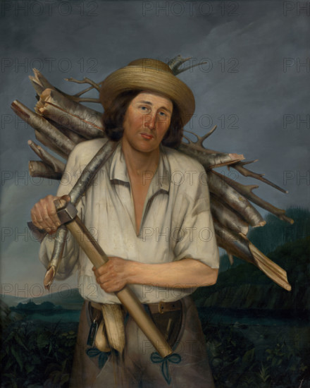 Man carrying a load of wood, 1855-1860.