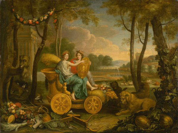 Apotheosis of Louis XIV, 1660-1690. The King of France, wearing a miniature castle on his head, sits in a chariot holding a golden shield. Beside him sits a female figure crowned with ears of wheat and holding a sheaf of corn. Around them are agricultural implements, an abundance of fruit and vegetables, a lion, a black panther, and a goat.