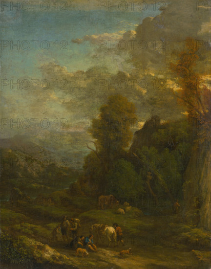 Evening landscape with travellers, c1700.