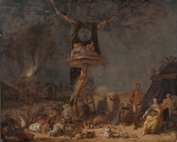 Patientia (Allegory of Patience), 1660-1670. Eerie scene - seemingly homeless people surrounded by unusual animals and monsters. Patience sits on the right with chains and shackles.