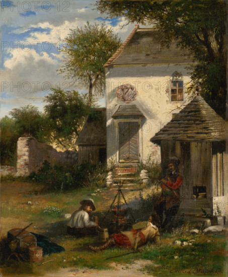Soldiers camping in a nobleman's yard, scene from the Thirty Years' War, 1871. War in Central Europe, 1618-1648.