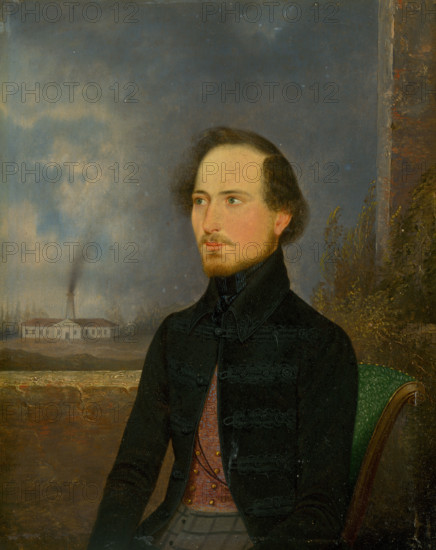 Portrait of J. Stróbl, 1843. A well-to-do man, probably a manufacturer, with a factoy in the background.