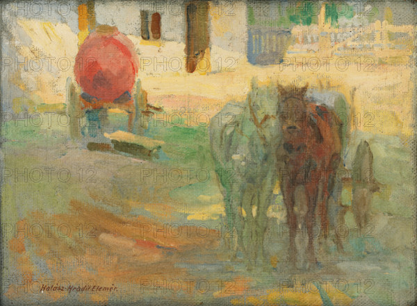 Farmyard with yoked horses, 1908.