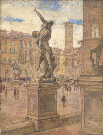 Square in Florence, Italy, 1934. In the foreground is "Abduction of a Sabine Woman" by Giambologna. It was completed in 1583 for Cosimo I de' Medici.