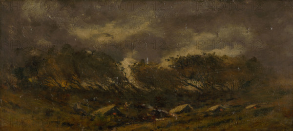 Gypsy camp during a storm, 1910-1930.