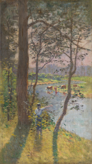 Landscape with cattle drinking at a river, c1900.