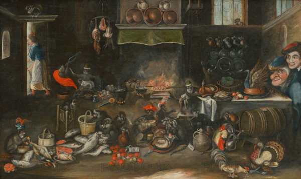 Monkeys in the Kitchen, 1620-1640. Monkeys eating, drinking, playing, smoking, and helping themselves to beer from a barrel. On the right is a peacock pie.