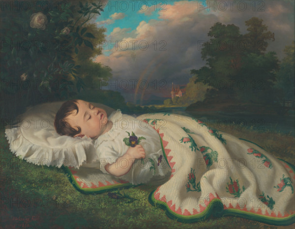 Child in the countryside, 1860. A baby clutching a pansy lies sleeping under a blanket. In the distance are dark clouds and a double rainbow.