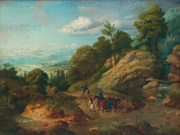 Hussars on patrol, 1850. Soldiers on horseback have just forded a river and are greeted by a peasant with a scythe. Beside the road is a shrine depicting the Crucifixion.