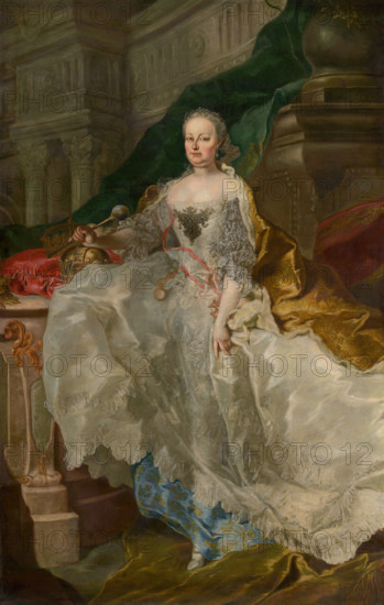 Portrait of Empress Maria Theresa, 1765-1766. Maria Theresa (1717-1780) displays the trappings of power: she holds a sceptre and rests her hand on a gold crown. Her lace dress is embroidered with pearls and over her shoulders is an ermine-lined cloak. Maria Theresa was ruler of the Habsburg monarchy from 1740 until her death in 1780, and the only woman to hold the position suo jure (in her own right).