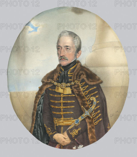 Portrait of a nobleman with a sword, 1842. Man wearing a fur cloak fastened with a gold clasp.