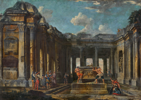 Scene from Roman history in antique ruins, 1730-1750.