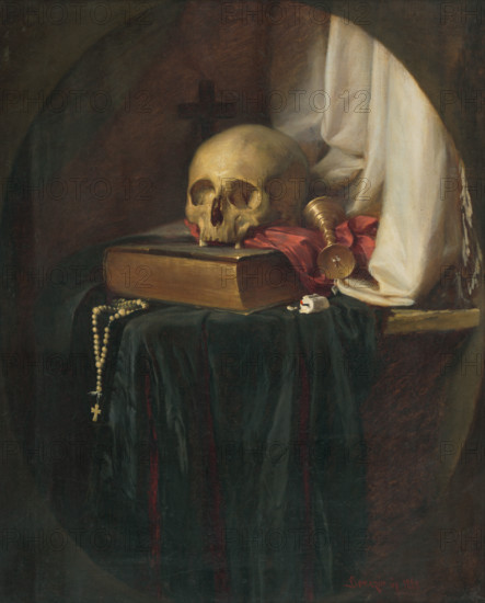 Still life with a skull and a book, 1860. Bible and rosary beads with symbols of mortality: a skull, and an overturned candlestick with a stub of candle about to go out.