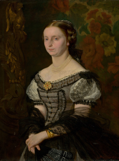 Portrait of Terézia Ujházy (née Prissnitzová), 1868. Woman wearing a pearl necklace and a puff-sleeved dress with ruched bodice, and a sheer black shawl.