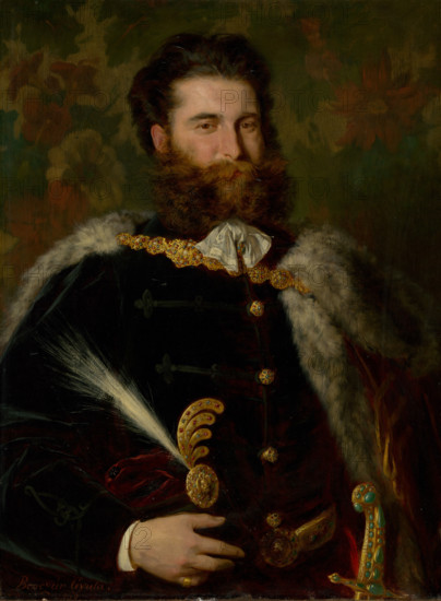 Portrait of Albert Ujházy, 1868. Bearded man wearing a fur-lined cloak with a gold jewelled clasp. He is holding a plumed velvet turban with gold decoration, and wearing a dagger with jewelled handle at his waist.