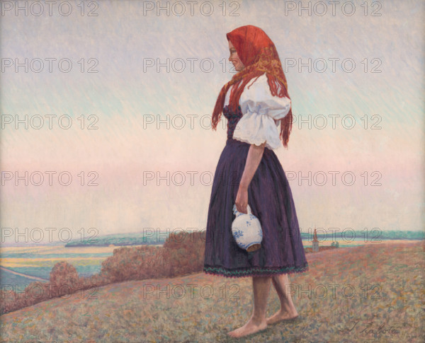 Girl with a jug, c1920-1929. Young woman in traditional costume: red headscarf, blouse under a dress with full skirt.