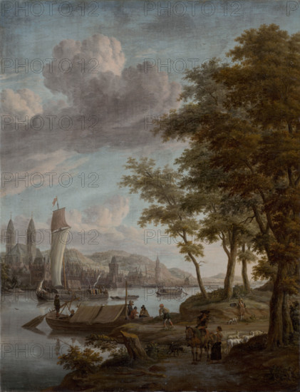 City on a river, 1651-1700. A shepherdess offers a traveller a drink in the foreground. Sailing barges carry cargo up and down the river.