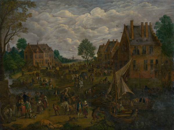 Dutch Market, 1750-1800. Busy scene with cows, pigs and sheep for sale, people arriving by boat with livestock, and women selling vegetables.