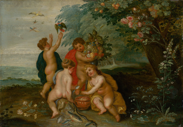 Allegory of the Four Elements, around 1610. Birds representing air; fruit, vegetables and climbing roses representing earth; a flaming brazier representing fire; and marine life representing water.