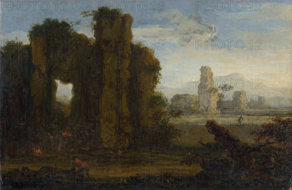 Romantic landscape, 1650-1700. People lighting a fire in the shelter or an overgrown ruin.
