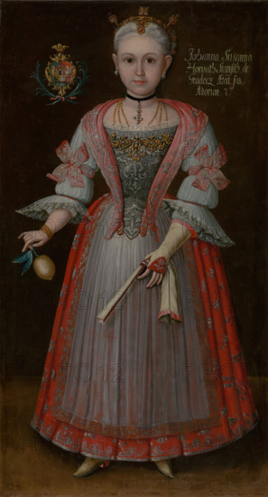 Johanna Zuzanna Horváthová aged seven, c1750. Young girl from a wealthy family, wearing a dress trimmed with lace and embroidered with silver thread. She holds a lemon and a fan.