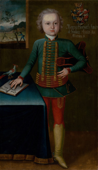 Marek Horvath-Stancic aged six, c1750. Boy wearing a military uniform with gold frogging, and holding a three-cornered hat. His hand rests on a religious book next to a pet bird on the table, and through the window hounds attack a stag.