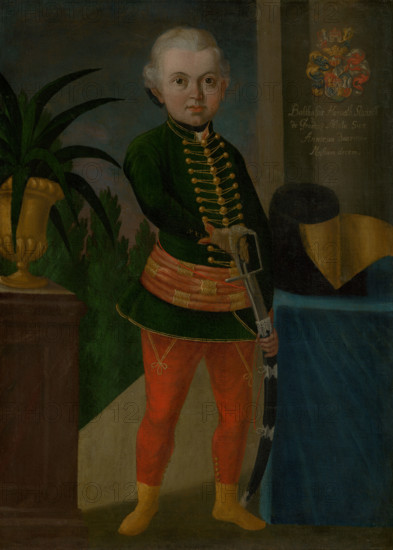 Baltazár Horváth-Stancic aged two years and ten months, c1750. Boy in military uniform preparing to draw a sword.