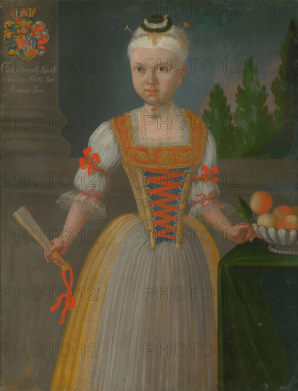 Klára Horvath Stancic aged six, 1740. Young girl wearing gold hair decorations, a pearl necklace and bracelets, and a dress with ribbon- and lace-trimmed sleeves. She holds a fan in one hand and takes an orange from a fruit bowl.