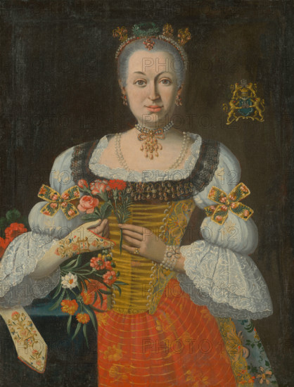Johanna Zuzana Horváth-Stanithová, c1750. Wealthy woman wearing pearl hair decorations, a pearl bracelet, and a pearl necklace with a gold pendant. Her embroidered dress is trimmed with lace and ribbons, and she holds roses and carnations in one gloved hand.